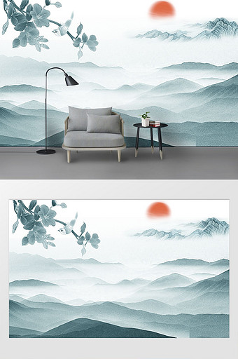 高清3D大理石纹山水花日出背景墙出江山情图片