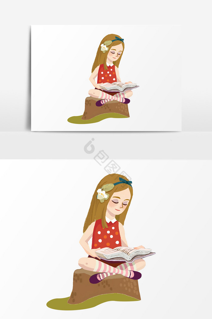 读书小女孩插画图片