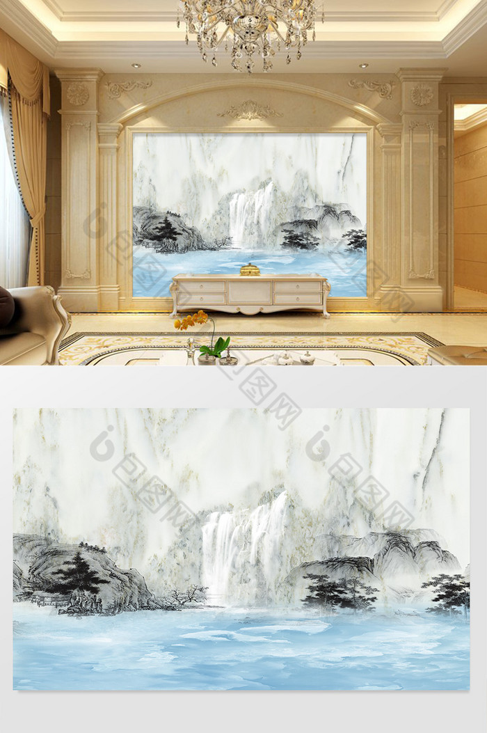 高清3D大理石纹山水花日出背景墙绝世仙境图片图片