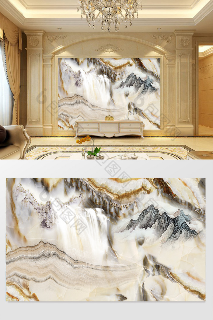 高清3D大理石纹山水花日出背景墙飞瀑图片图片