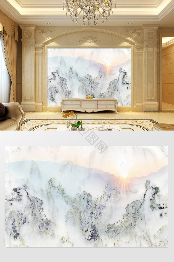 高清3D大理石纹山水花日出背景墙印象日出图片