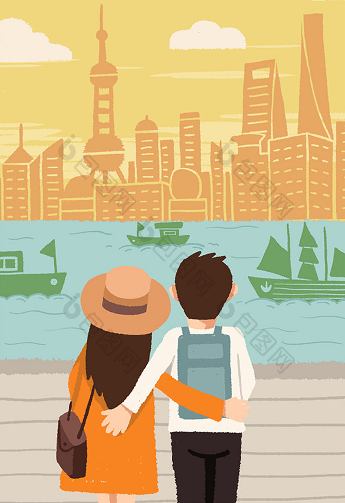 情侣旅行上海城市手绘插画