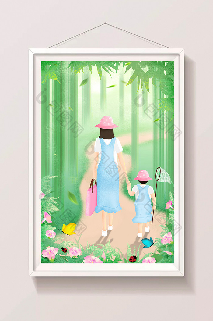 唯美森林风景母女母亲节外出扑蝶游玩插画