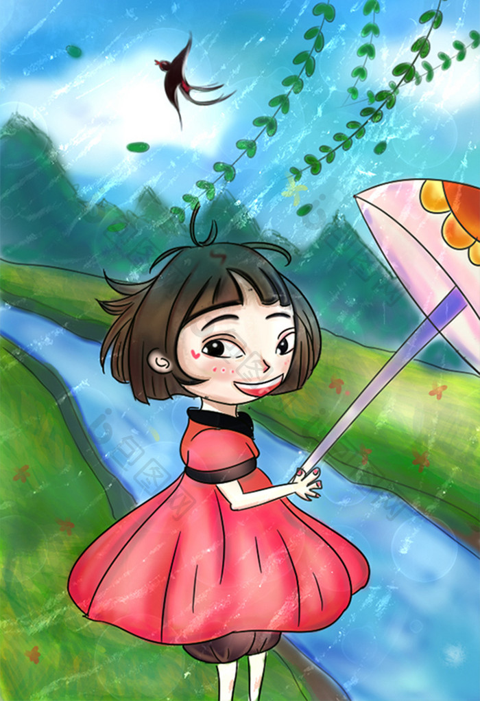 墨绿色清新谷雨节卡通插画初夏