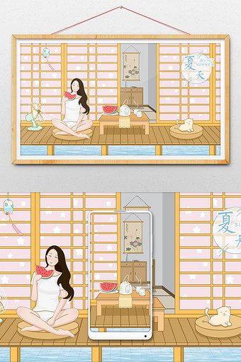 唯美文艺清新日系少女夏天吃西瓜插画漫画图片