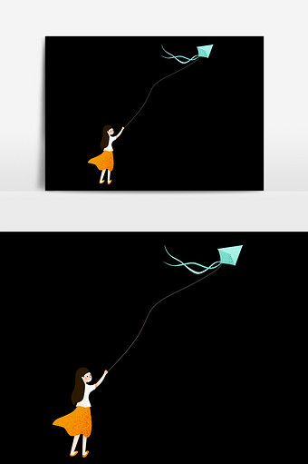 放风筝女孩插画元素图片