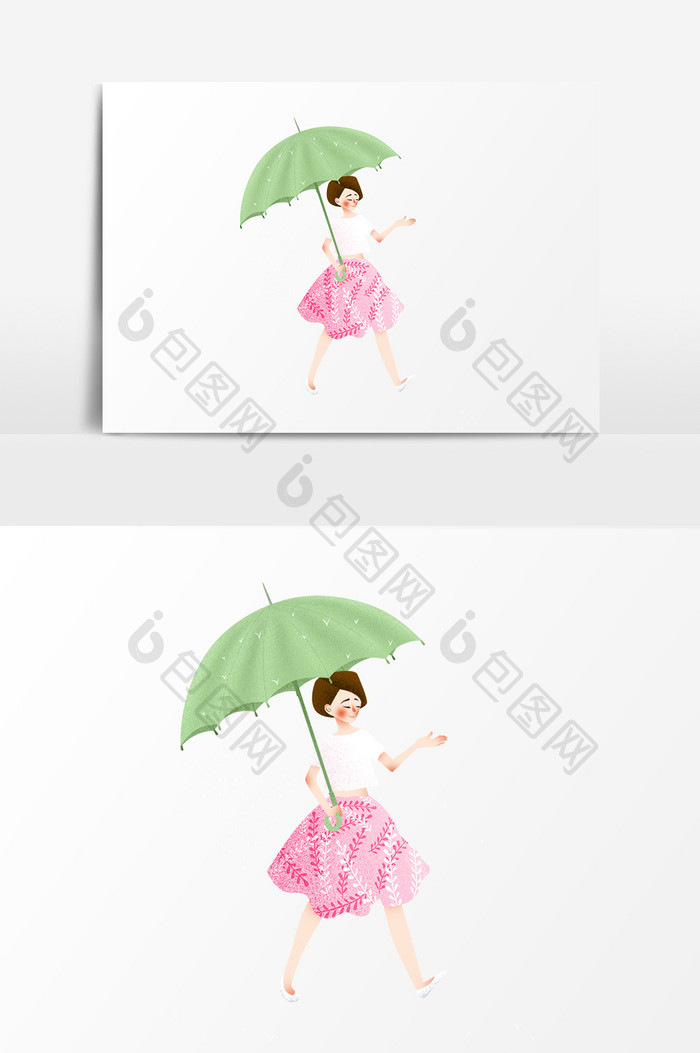 雨中漫步女孩插画元素