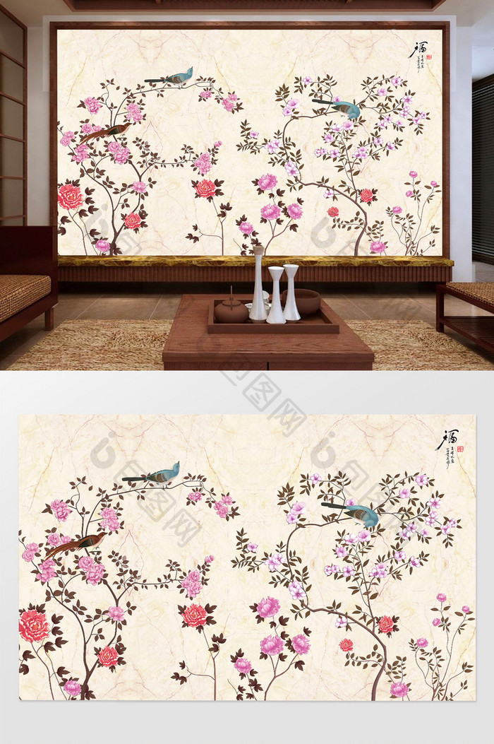 新中式艳丽花卉大理石客厅电视背景墙设计