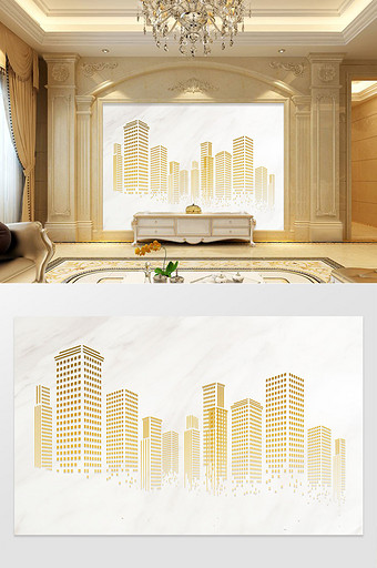 3d立体几何方块拼接金色城市电视背景墙图片