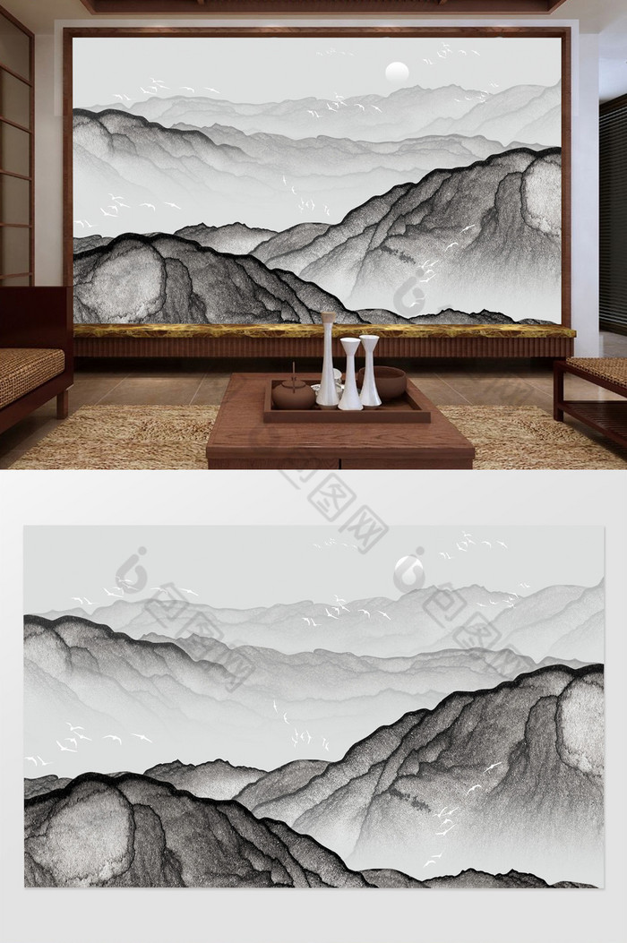 中国风装饰画手绘山水图片