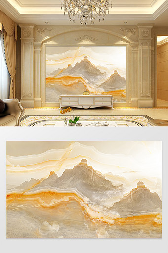高清3D大理石纹山水花日出背景墙碧玉山河图片