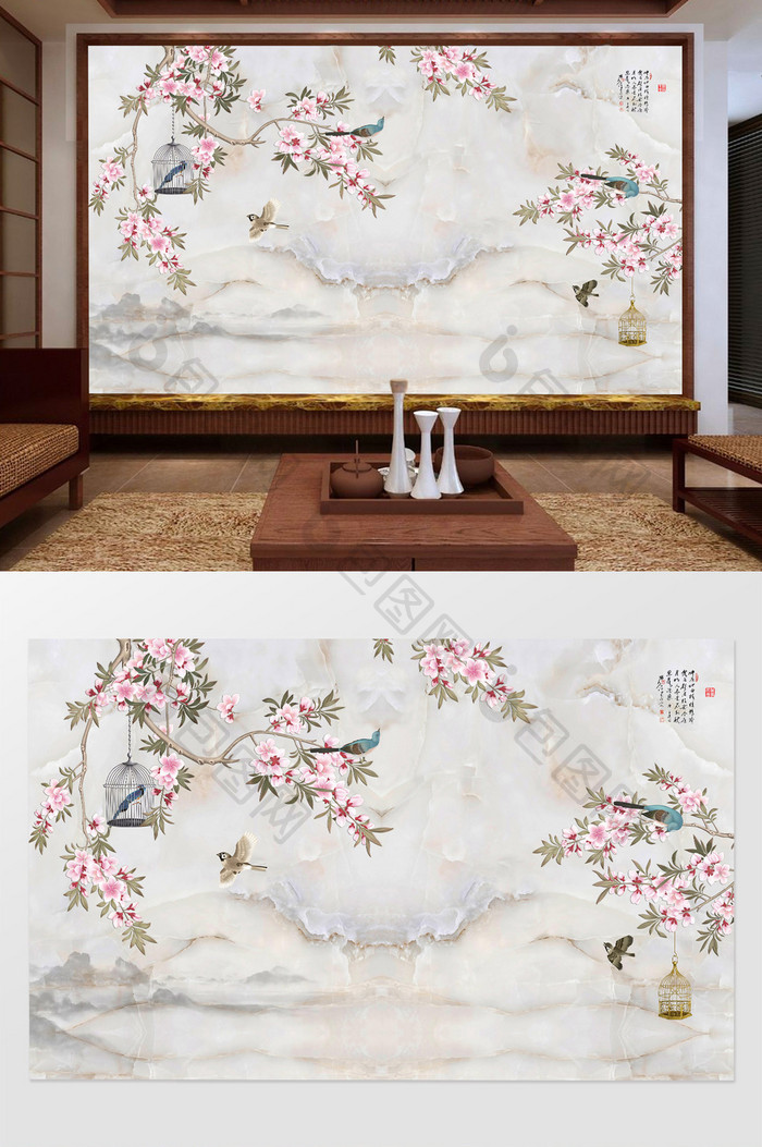 新中式植物花卉大理石客厅电视背景墙设计