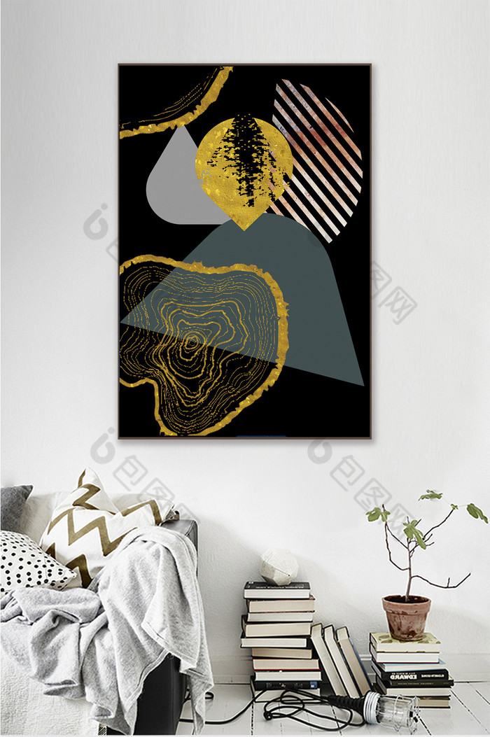 北欧风格金色客厅现代抽象几何装饰色彩图片图片