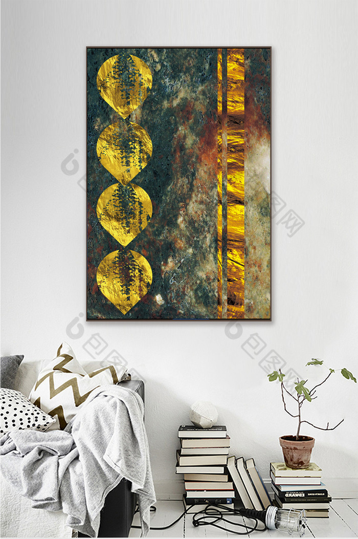 北欧风格金色客厅现代抽象几何装饰画风景图片图片
