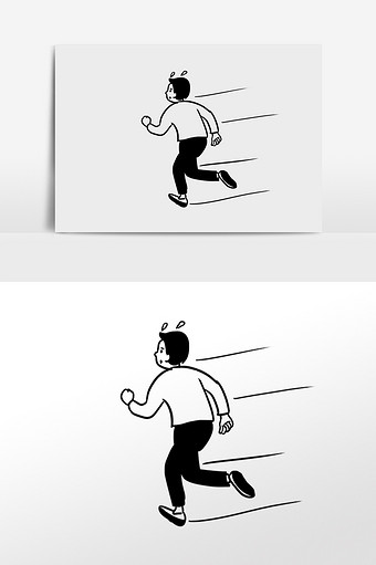 黑白简笔快跑中的男孩手绘元素插画图片