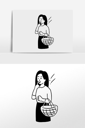 黑白简笔提菜篮女生手绘元素插画图片