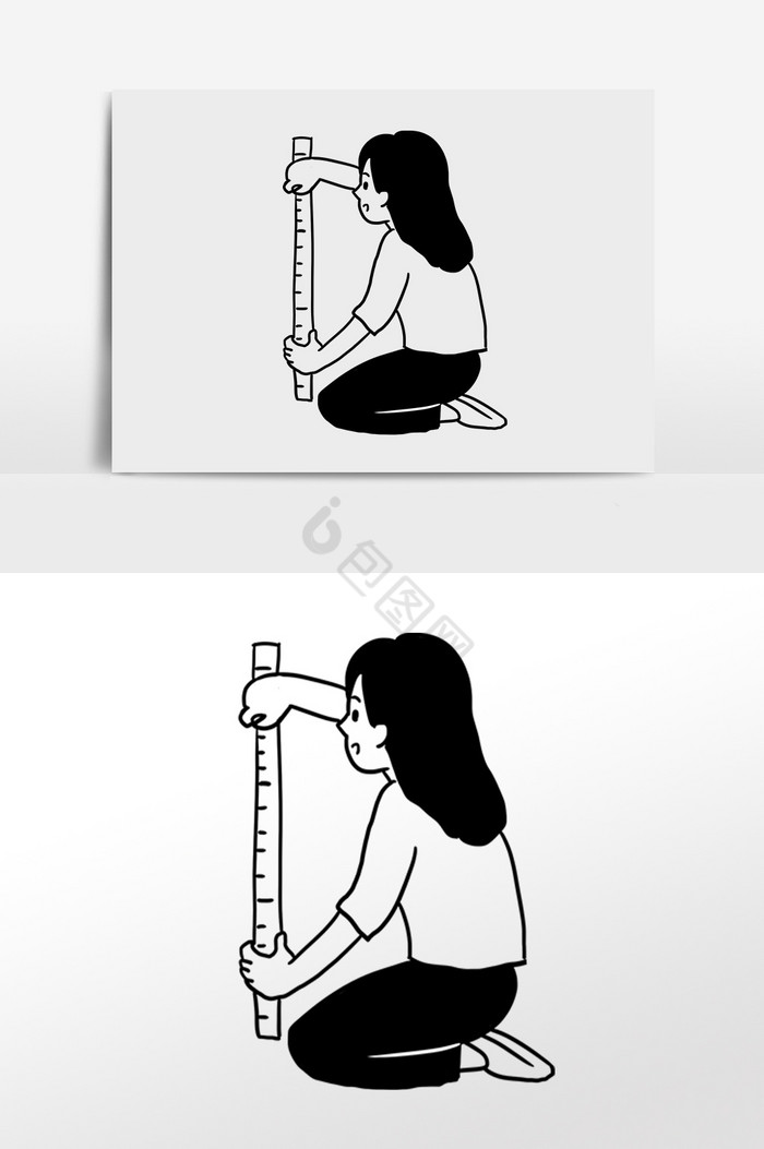 黑白简笔量尺寸的女生插画
