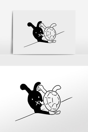 黑白简笔乌龟画兔子剪影手绘元素插画