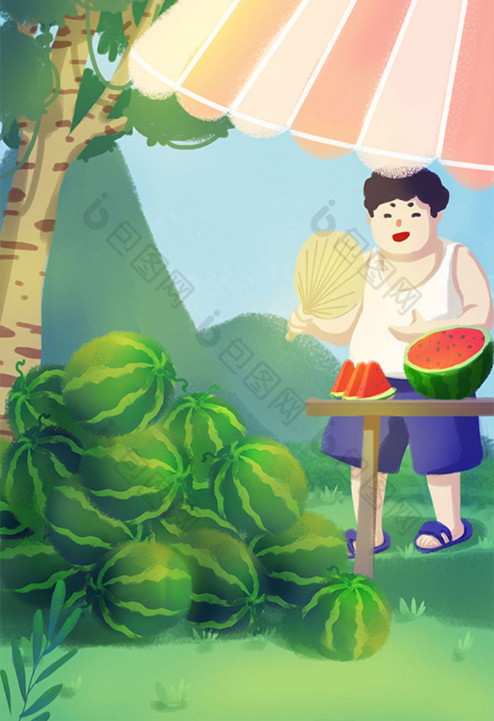24节气夏天夏季卖西瓜的人插画