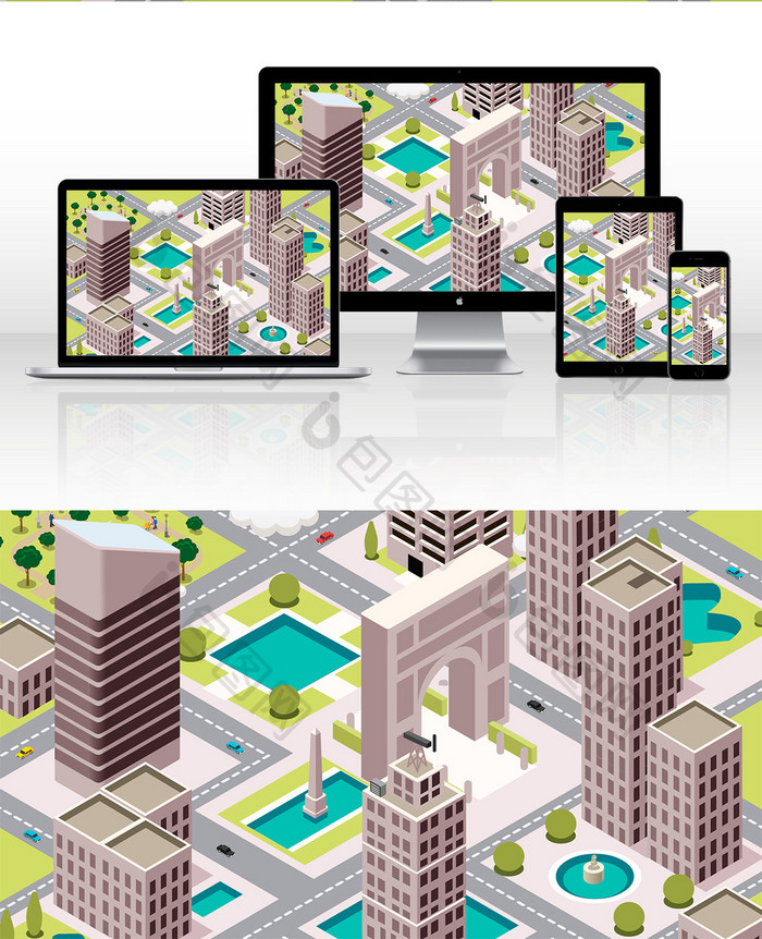 小清新25D立体等距建筑城市场景插画