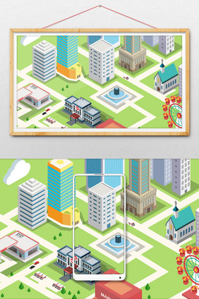 创意25D立体等距建筑城市场景插画