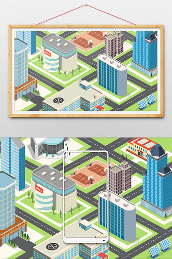 创意25D等距建筑城市场景插画图片