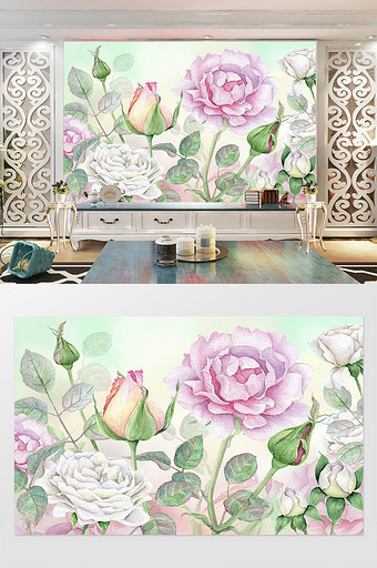现代高清手绘小清新玫瑰花背景墙图片
