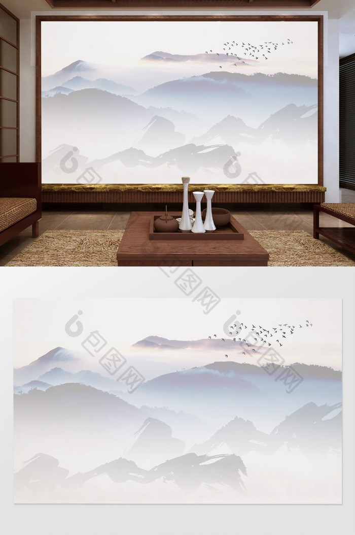 新中式意境抽象水墨山水客厅背景墙壁画