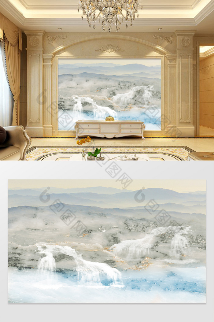 高清3D大理石纹山水花日出背景墙云影飞瀑图片图片