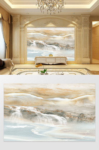 高清3D大理石纹山水花日出背景墙新仙河图片