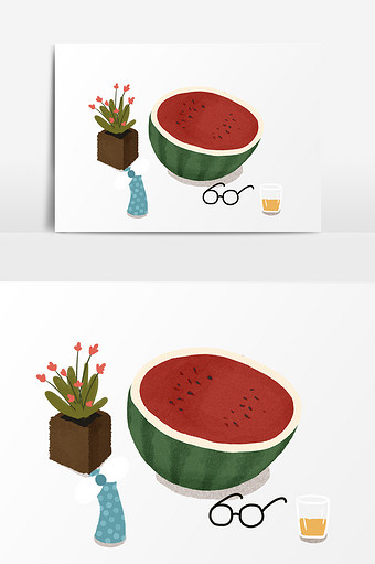 夏日西瓜盆栽插画元素图片