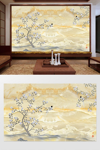 中式山水飞鸟大理石客厅电视背景墙设计图片