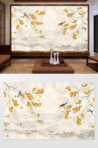 中式山水银杏树大理石客厅电视背景墙设计图片