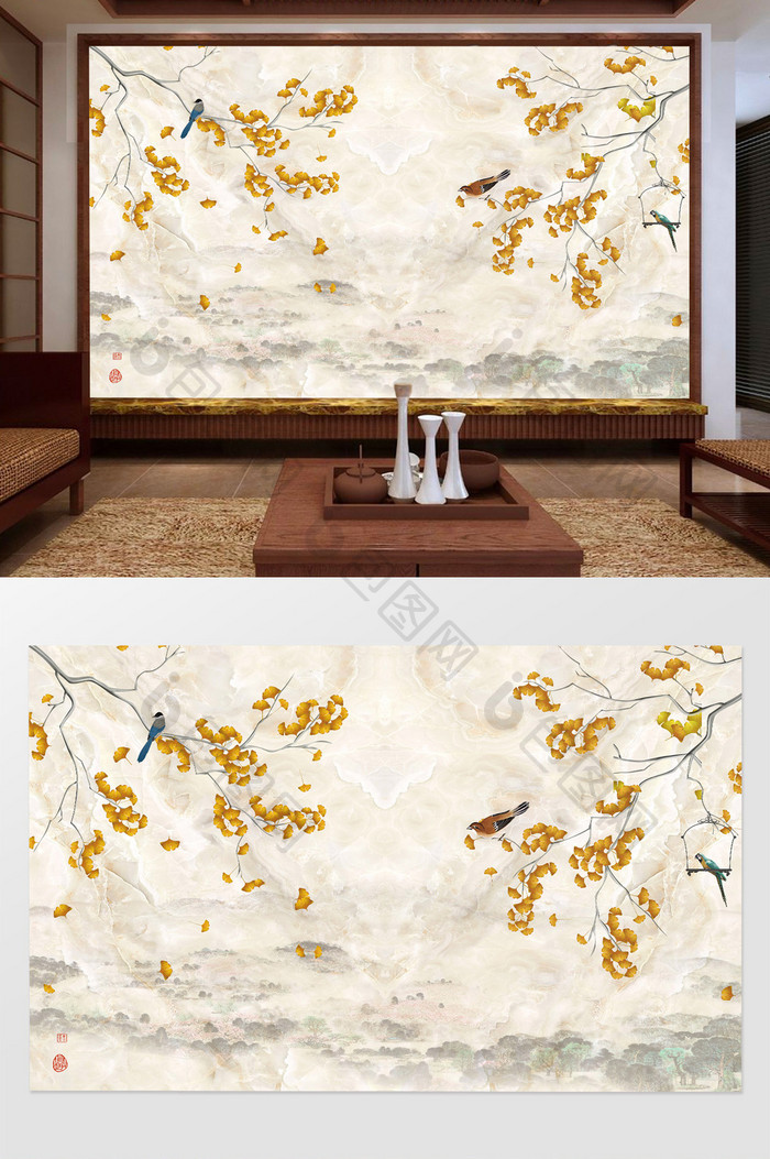 中式山水银杏树大理石客厅电视背景墙设计