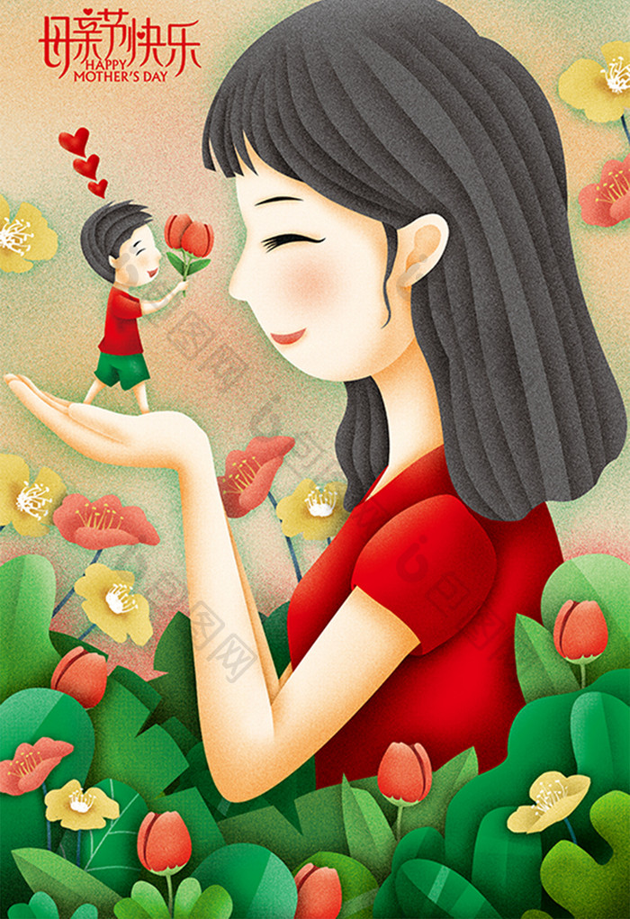 清新母亲节郁金香妇女节感恩节夏天美女插画