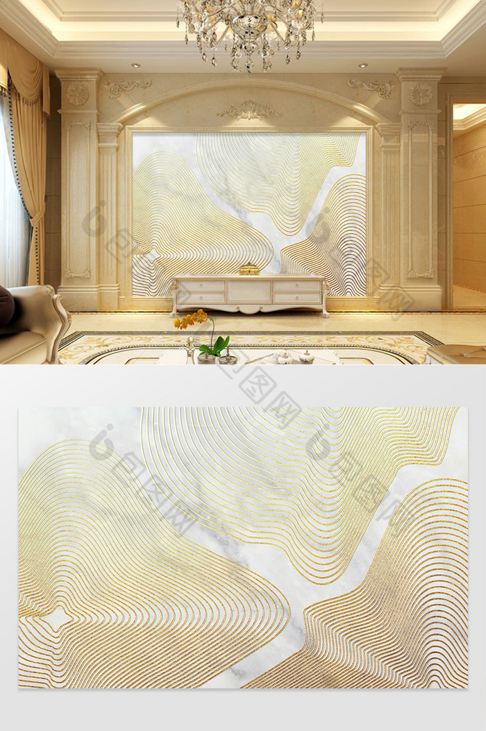 大理石纹理金色抽象线条电视背景墙