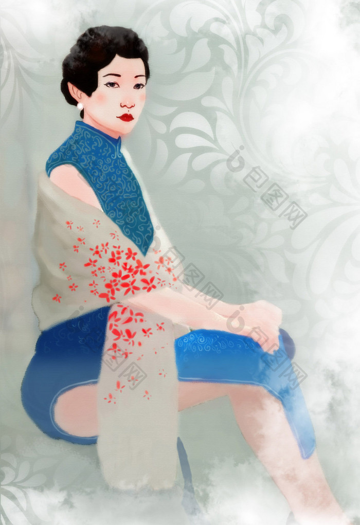 蓝色旗袍民国唯美美女插画