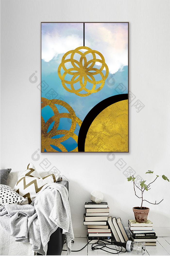 北欧风格金色客厅现代抽象几何装饰画福图片图片