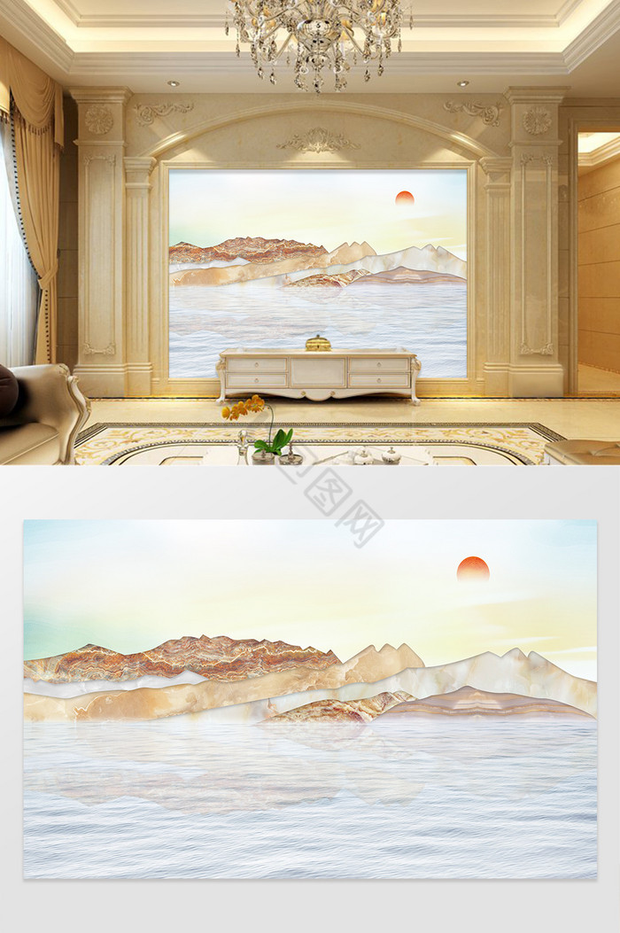 新中式大理石山水抽象意境石纹电视背景墙图片