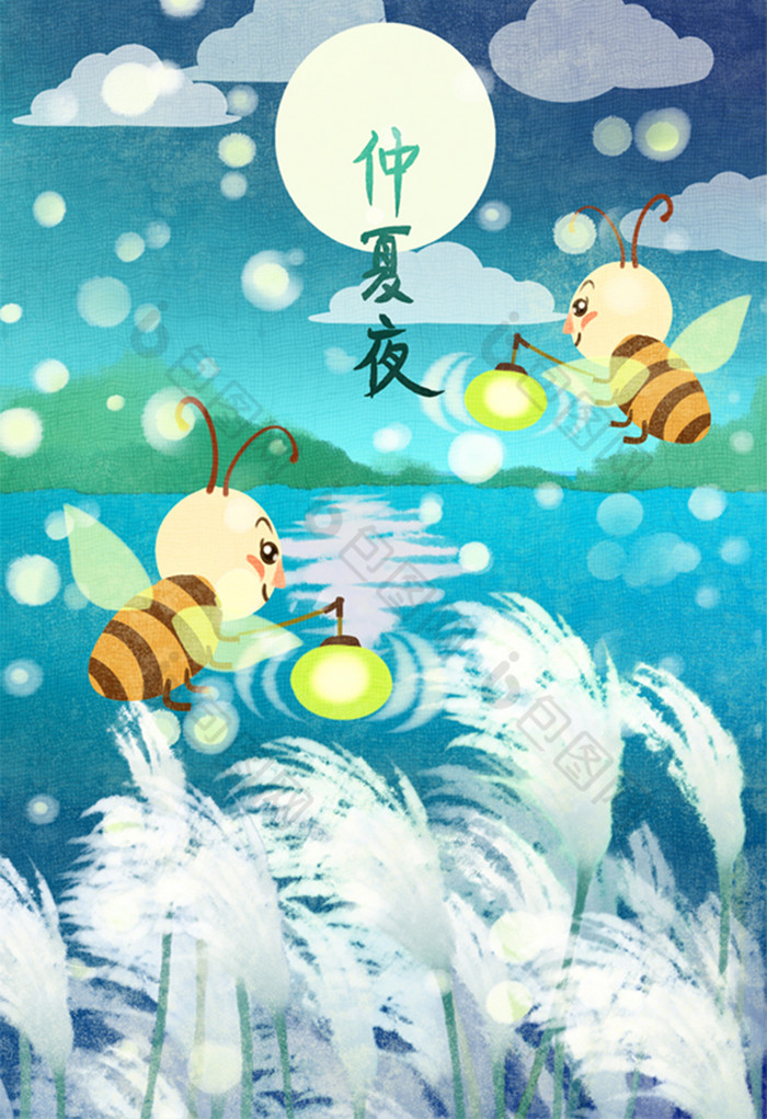 唯美梦幻仲夏夜萤火虫插画