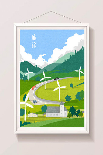 户外山村旅游插画图片