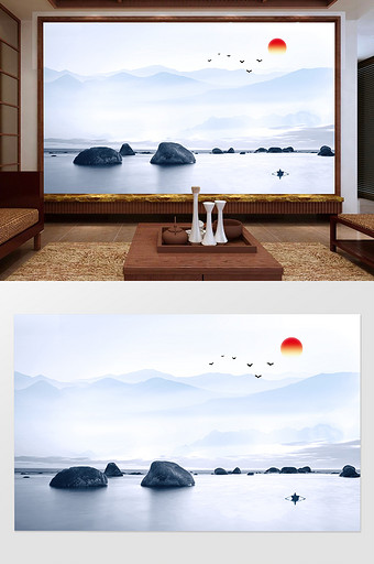 新中式中国风意境水墨山水电视沙发背景墙图片