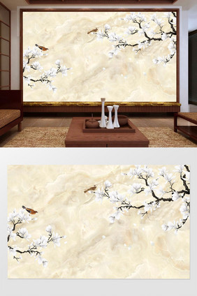 新中式梨花高清3D大理石石纹客厅电视背景