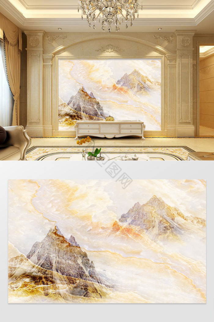 高清3D大理石纹山水花日出背景墙流云山脉图片