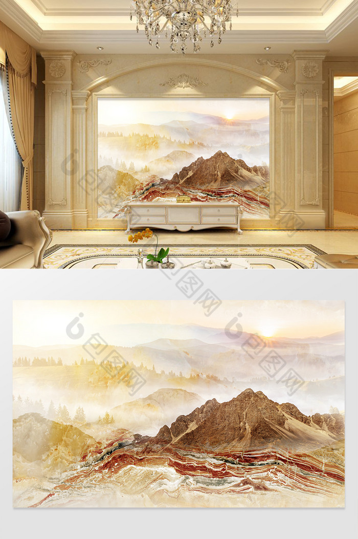 高清3D大理石纹山水花日出背景墙枫林印象图片图片