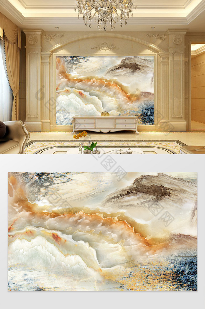 高清3D大理石纹山水花日出背景墙百川秀水图片图片