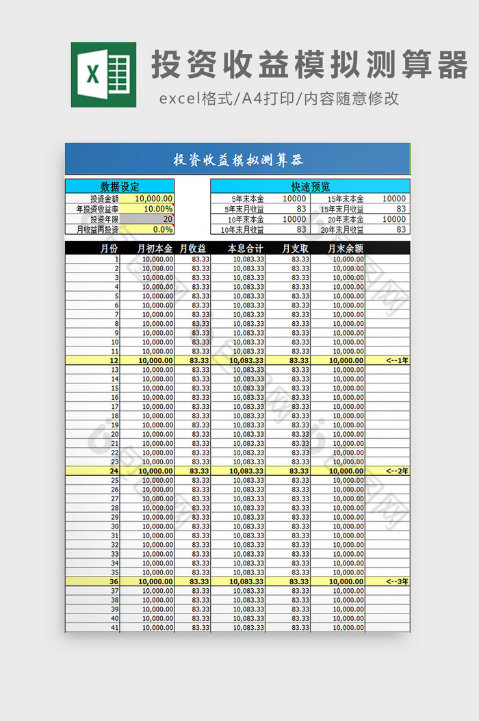 投资收益模拟测算器excel模板