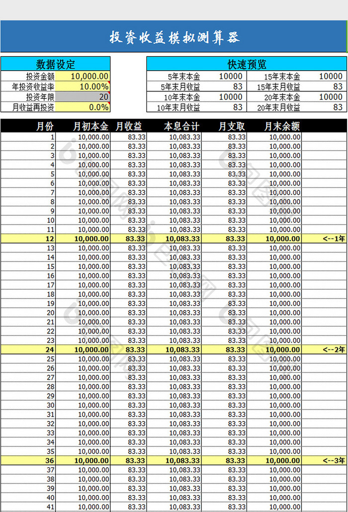 投资收益模拟测算器excel模板