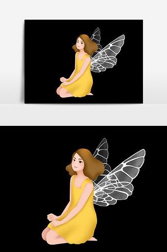 带翅膀女孩插画元素图片