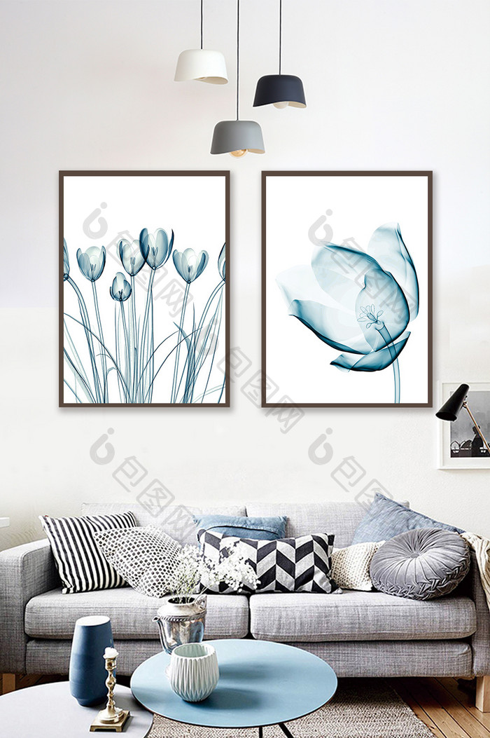 现代简约透明质感植物花卉装饰画蓝色花卉